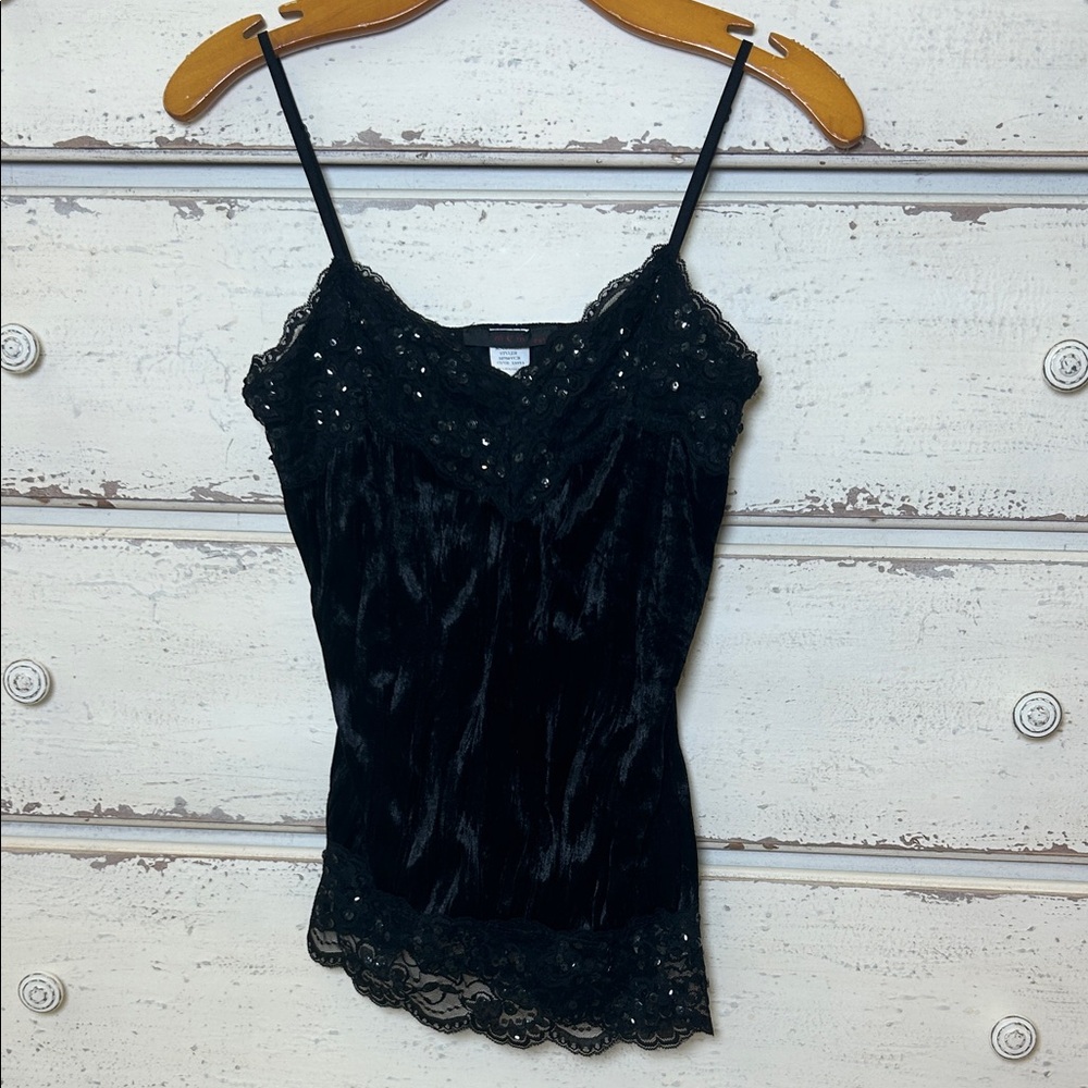 Y2K Black Velvet Lace Sequin Cami Petite M Lingerie Top